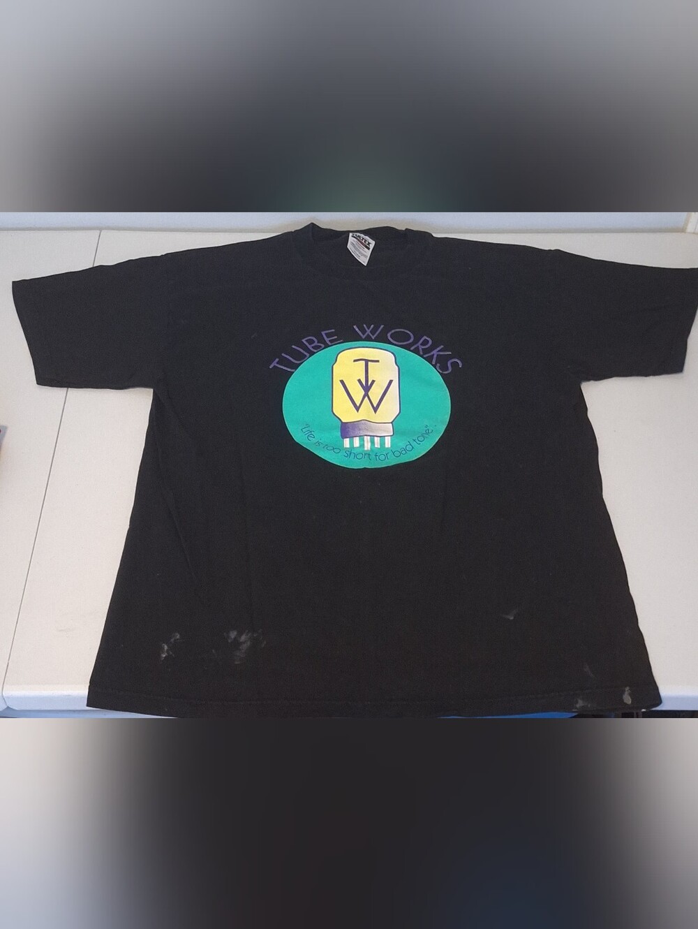 Vintqge Black Tee with Teal, Yellow & Purple Graphic Tubeworks